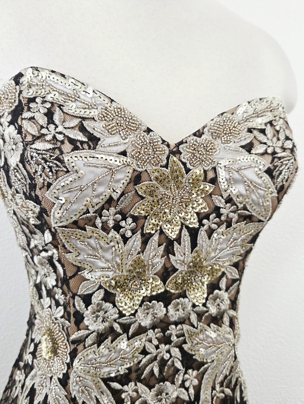 Sue Wong Nocturne beaded floral embroidered strapless mini dress gold women's 6 - Picture 3 of 6